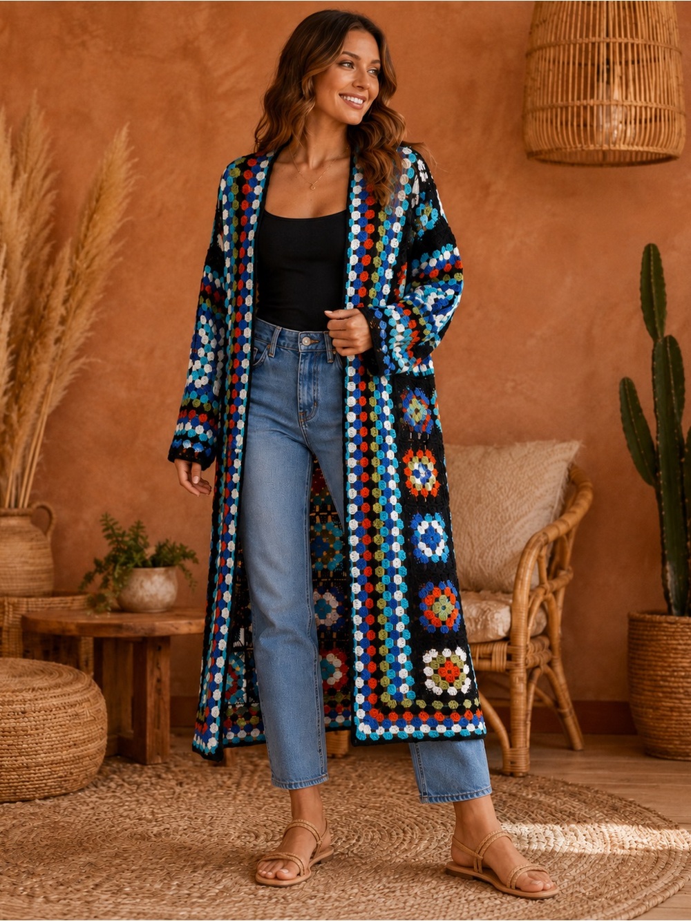 POL Open-Knit Multicolor Crochet Top with Black Trim